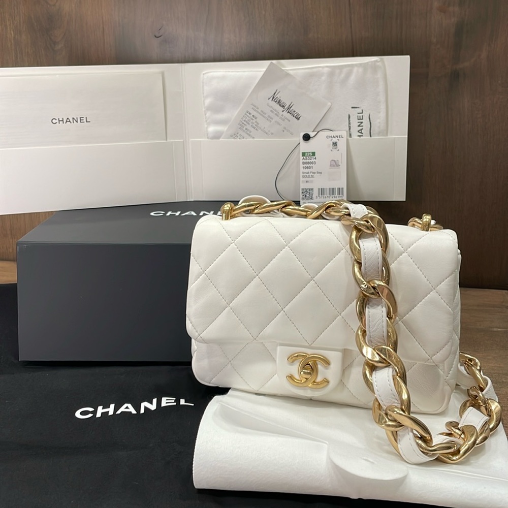 Authentic Chanel Small Flap Funky Town Bag Chunky Shoulder Strap in White